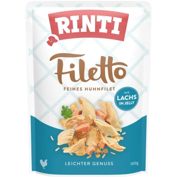 Rinti Filetto Haustierfutterbeutel mit feinem Hähnchenfilet mit Lachs in Gelee, 100 g, mit der Aufschrift 'leichter Genuss'.