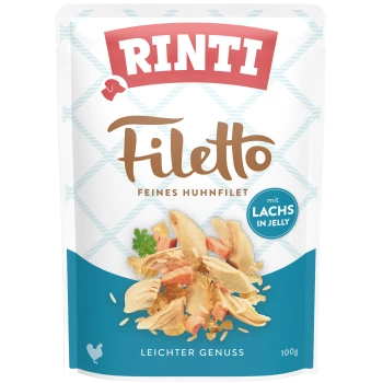 Rinti Filetto Haustierfutterbeutel mit feinem Hähnchenfilet mit Lachs in Gelee, 100 g, mit der Aufschrift 'leichter Genuss'.