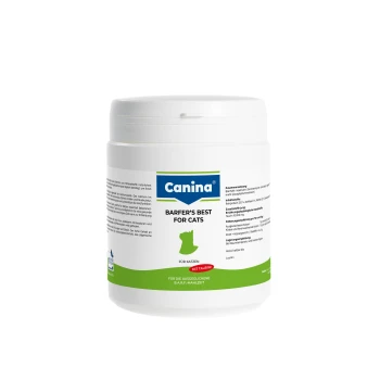 Canina BARF's Best for Cats Ergänzung in einem weißen Behälter mit grünen und blauen Etiketten, die Nährwertinformationen und den Anspruch "mit Taurin!" hervorheben.