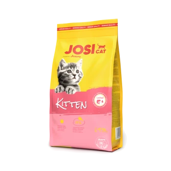 JosiCat Kitten Trockenfutterbeutel mit Bild eines grauen Kätzchens, Lachsöl, 1,9 kg, deutsche Qualität, 87 % tierisches Protein.