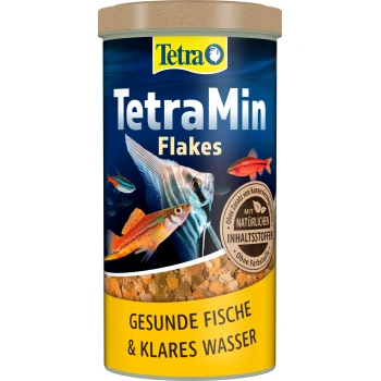 TetraMin Flakes Fischfutterbehälter mit bunten Fischillustrationen, mit dem Text "Gesunde Fische & klares Wasser."