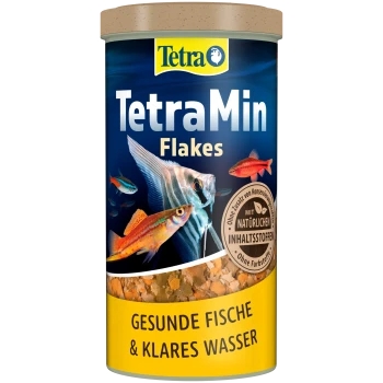 TetraMin Flakes visvoer container met kleurrijke visillustraties, met tekst die zegt 'Gesunde Fische & klares Wasser.'