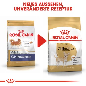 Bild von zwei Tüten Royal Canin Chihuahua-Hundefutter, das ein neues Design und unveränderte Rezeptur zeigt. Der Text lautet "NEUES AUSSEHEN, UNVERÄNDERTE REZEPTUR."