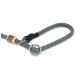 Graues geflochtenes Seil-Hundehalsband mit Metallring und Holzperlendetail auf schwarzem Hintergrund.