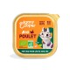 Pâté de nourriture pour chats au poulet bio Edgard Cooper dans un contenant doré et orange avec une illustration de chat joueur et le texte "BIO POULET".