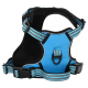 Blaues Haustiergeschirr mit verstellbaren Riemen und passender Leine, mit einem gepolsterten Design für Komfort.