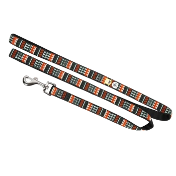Bunte gemusterte Hundeleine mit geometrischen Designs in Grün, Rot und Weiß, mit einem Metallclip zur Befestigung.