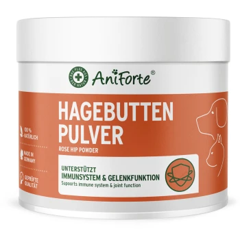 AniForte Hagebuttenpulverbehälter, beschriftet mit "HAGEBUTTEN PULVER", unterstützt das Immunsystem und die Gelenkfunktion, hergestellt in Deutschland.
