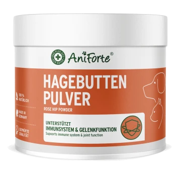 AniForte Hagebuttenpulverbehälter, beschriftet mit "HAGEBUTTEN PULVER", unterstützt das Immunsystem und die Gelenkfunktion, hergestellt in Deutschland.