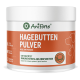 AniForte Hagebuttenpulverbehälter, beschriftet mit "HAGEBUTTEN PULVER", unterstützt das Immunsystem und die Gelenkfunktion, hergestellt in Deutschland.