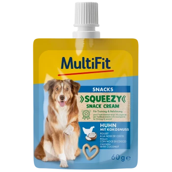 Snack crémeux MultiFit Squeezy pour chiens, avec un sachet jaune au goût de poulet et de noix de coco, 60g, adapté pour les récompenses d'entraînement.