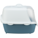 Eine Seitenansicht einer modernen Katzenstreu-Box mit einem weißen Deckel und einem blauen Boden, mit einer transparenten Tür und Belüftungsöffnungen.