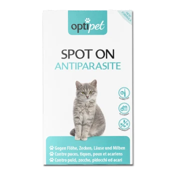OptiPet Spot On Antiparasitenverpackung mit einer grauen Katze, die "Neue Formel," "6x Pipetten" und mehrsprachige Schädlingansprüche zeigt.