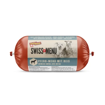 Hundefutterrolle mit dem Etikett 'DeliBest Swiss Menu', die 'Pferd-Menu mit Reis' (Pferdemenü mit Reis) zeigt, mit natürlichen Zutaten und glutenfrei.