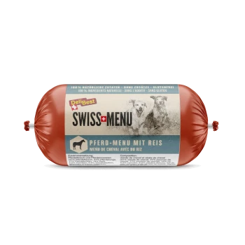 Hundefutterrolle mit dem Etikett 'DeliBest Swiss Menu', die 'Pferd-Menu mit Reis' (Pferdemenü mit Reis) zeigt, mit natürlichen Zutaten und glutenfrei.