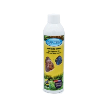 Flasche Aquaris Baktero Start, eine biologische Kultur für Süß- und Salzwasser, mit Bildern von Fischen und dem Text "Plus Natural Cultures".
