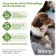 Hund kaut an einem Zahnpflege-Stick neben dem deutschen Text 'Fang heute mit der Zahnpflege deines Hundes an', Angaben 1x/2x/3x, Whimzees-Logo.