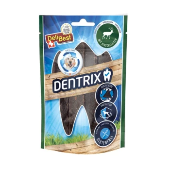 Un paquet de friandises pour chiens DENTRIX de DeliBest, avec une image de chien souriant, des revendications de soins dentaires, de protection et sans gluten.
