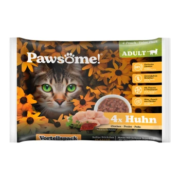 Pawsöme! Katzenfutter-Wertpaket mit einer Katze mit grünen Augen, umgeben von gelben Blumen, enthält 4 Beutel Huhn, 88% tierische Zutaten.