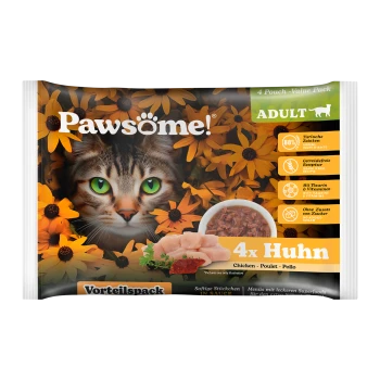 Pawsöme! Katzenfutter-Wertpaket mit einer Katze mit grünen Augen, umgeben von gelben Blumen, enthält 4 Beutel Huhn, 88% tierische Zutaten.