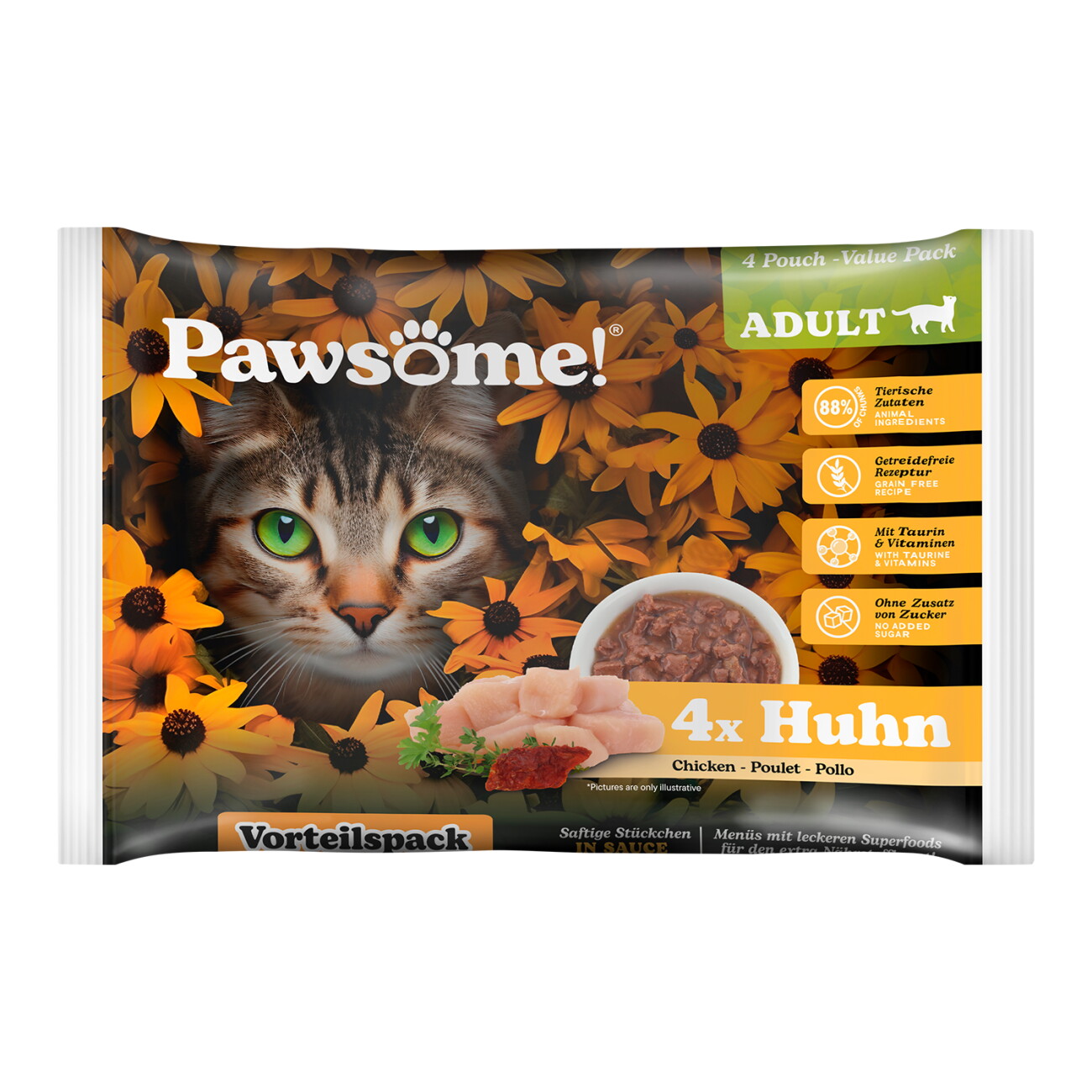 Pawsome Nassfutter Katze, Adult, Flowpack Huhn 4x85 g