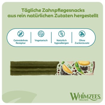 Whimzees-Zahnpflegekaustick mit Banane-/Erbsen-Motiv; deutscher Text "Tägliche Zahnpflegesnacks..." und Symbole: getreidefrei, vegetarisch, hypoallergen, zuckerfrei.