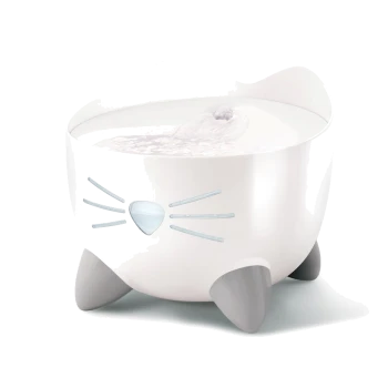 White cat-shaped water fountain with a rounded bowl, gray paws, and a gentle water flow, designed for pets.