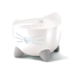 Fontaine à eau en forme de chat blanc avec un bol arrondi, des pattes grises et un flux d'eau doux, conçue pour les animaux de compagnie.