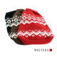 Drei gestrickte Haustiersweater in Schwarz, Braun und Rot mit weißen Mustern, mit dem Markennamen "WOLTERS."
