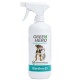 Eine Sprühflasche mit der Aufschrift "GREEN HERO" mit einem Welpen und einem Kätzchen auf der Vorderseite, die "Giardien-EX" zur Bekämpfung von Parasiten und Bakterien bewirbt.
