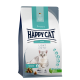 Happy Cat Care Light Low Fat Katzenfutterbeutel mit einer grauen Katze auf der Vorderseite, mit Text, der das glutenfreie Rezept und natürliche Zutaten hervorhebt.