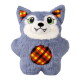 Gray plush pet toy shaped like a cartoon wolf with white face, green eyes, and orange-yellow plaid ears and belly patch