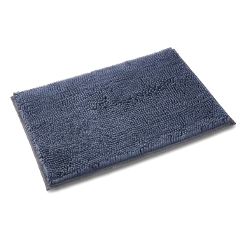 Rechteckige dunkelblaue Chenille-Mikrofaser-Tiermatte mit dicht strukturierter, flauschiger Oberfläche auf weißem Hintergrund.