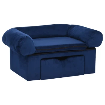 Navy-blaues Haustiersofa mit plüschigen Armen und einem abnehmbaren Kissen, mit einer Schublade zur Aufbewahrung darunter.