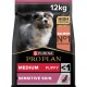 Purina Pro Plan Hundefutterbeutel, 12 kg, mit einem mittelgroßen Welpen mit empfindlicher Haut; hebt hohen Proteingehalt und Lachs als Hauptzutat hervor.