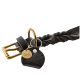 Schwarzes Lederhalsband für Haustiere mit einer goldenen Schnalle und einem runden Anhänger mit einem Design von gekreuzten Schwertern.
