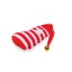 Red and white striped Christmas pet toy with a white snowflake and a gold jingle bell on a white background.