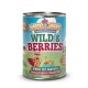 Dose von Happy Jacky Hundefutter "Wild & Berries", mit einem Cartoon-Reh in einem Umhang, das Wildfleisch, Kartoffeln, Cranberries und Löwenzahn enthält.