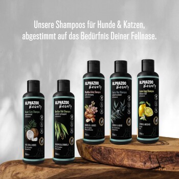 ALPHAZOO Beauty Shampoo-Flaschen für Hunde und Katzen: Repair Care, Bye Bye Woh, WauMau Baby, Every-Day und Lemon Zest.