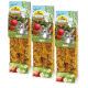 Drei Pakete JR FARM Farmys Apfel-Snacks für Haustiere, mit einer verspielten Kaninchen-Grafik und Bildern von Äpfeln.