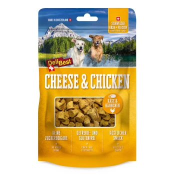 Emballage de friandises pour chiens DeliBest au fromage et au poulet avec des morceaux, étiqueté "Sans sucre ajouté," "Sans céréales et sans gluten," et "Délicieuse collation."