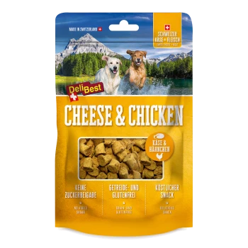 DeliBest Käse & Huhn Hundeleckerlis Verpackung mit Stücken, beschriftet mit "Kein Zuckerzusatz," "Getreide- und glutenfrei," und "Leckerer Snack."