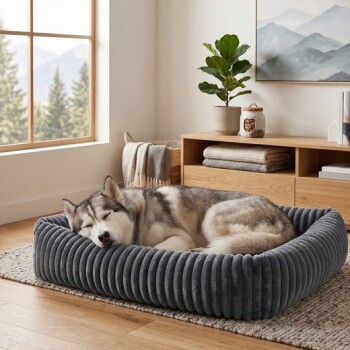Sibirischer Husky zusammengerollt schlafend in einem weichen, grauen Cordstoff-rechteckigen Hundebett in einem gemütlichen Wohnzimmer mit Fenster und Pflanze.
