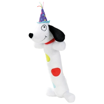 Ein plüschiges Hundespielzeug mit einer Partyhut, das ein lächelndes Gesicht, bunte Punkte und ein rotes Halsband zeigt, ideal für die Spielzeit mit Haustieren.