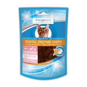 Zahn-Enzym-Chips für Katzen, mit dem Gesicht einer Katze auf der Verpackung, behauptet 92% Fisch und Huhn, enthält Lachsöl.