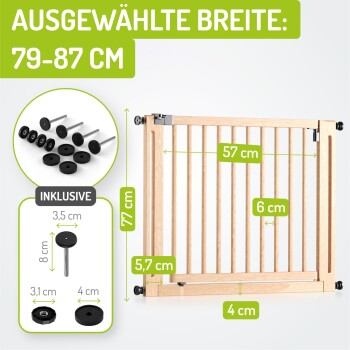 Holztiergitter mit verstellbarer Breite (79-87 cm), 77 cm hoch, mit detaillierten Abmessungen und enthaltenen Komponenten.