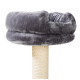 Grijze pluche kattenbed bovenop een natuurlijke sisal krabpaal, ontworpen voor het comfort en spel van huisdieren.