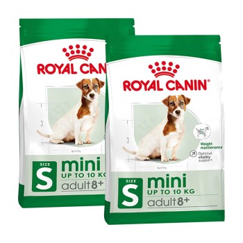 Deux sacs de nourriture pour chiens Royal Canin, "Taille S mini jusqu'à 10 kg adulte 8+", avec une illustration de chien et des revendications pour le maintien du poids.