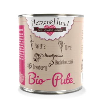 Dose HerzensHund Hundefutter mit dem Etikett "Bio-Pute," mit Zutaten wie Karotten, Hirse, Wurzelgemüse und Cranberry.
