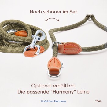 Olivegrünes Hundegeschirr und Leinen-Set mit Lederakzenten, mit den Aufschriften "Noch schöner im Set" und "Optional erhältlich: Die passende 'Harmony' Leine."